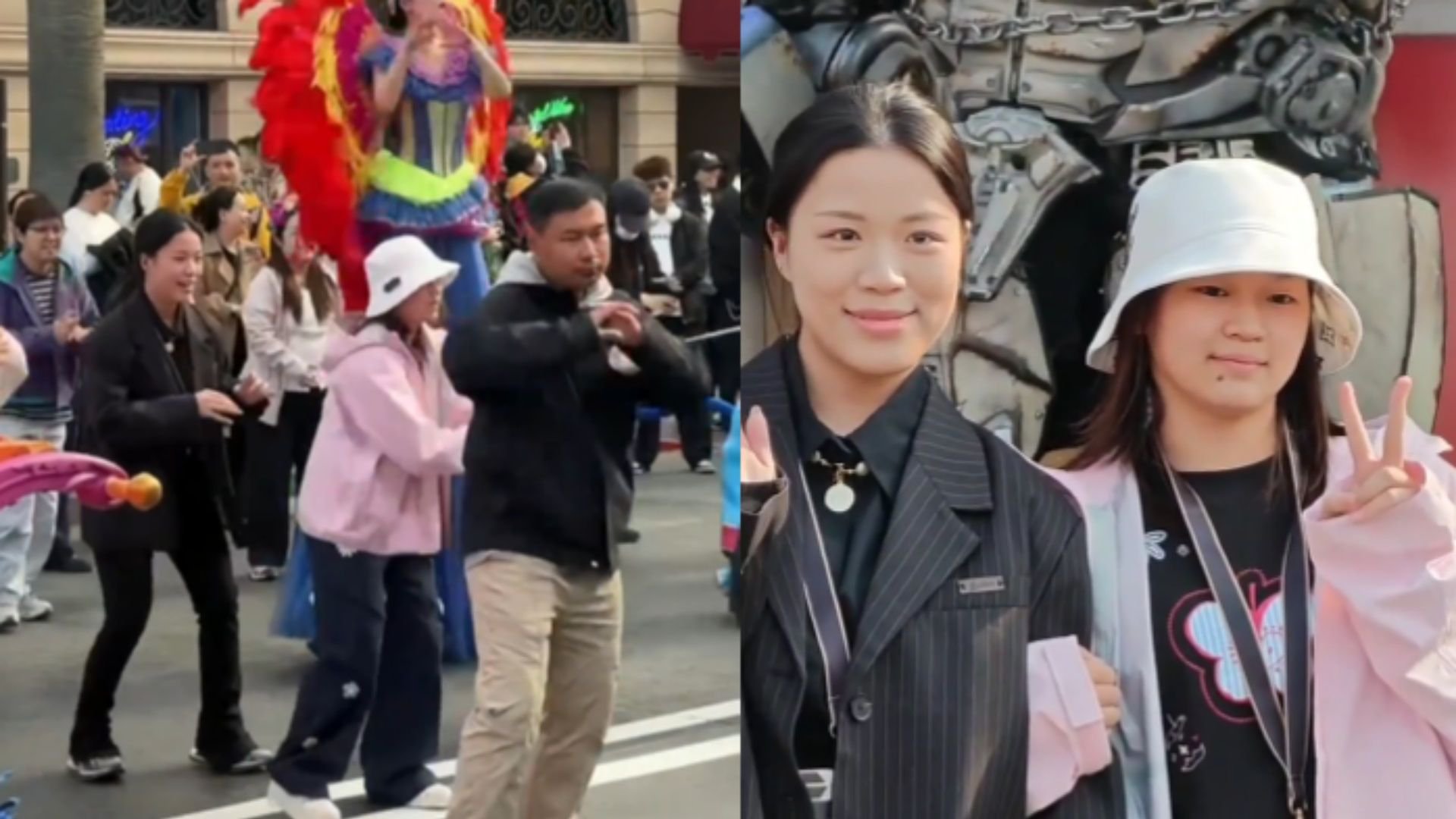 全红婵与杨倩现身环球影城一起跳舞，上演“红姨带娃”名场面