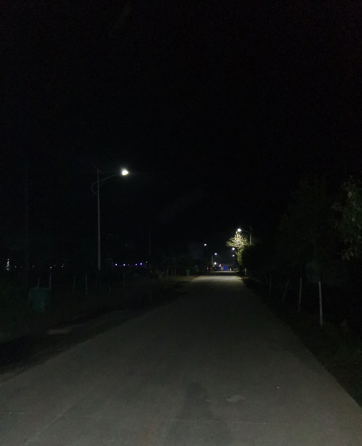 农村夜晚9点钟,马路两旁路灯很明亮,路上空无一人,显得格外宁