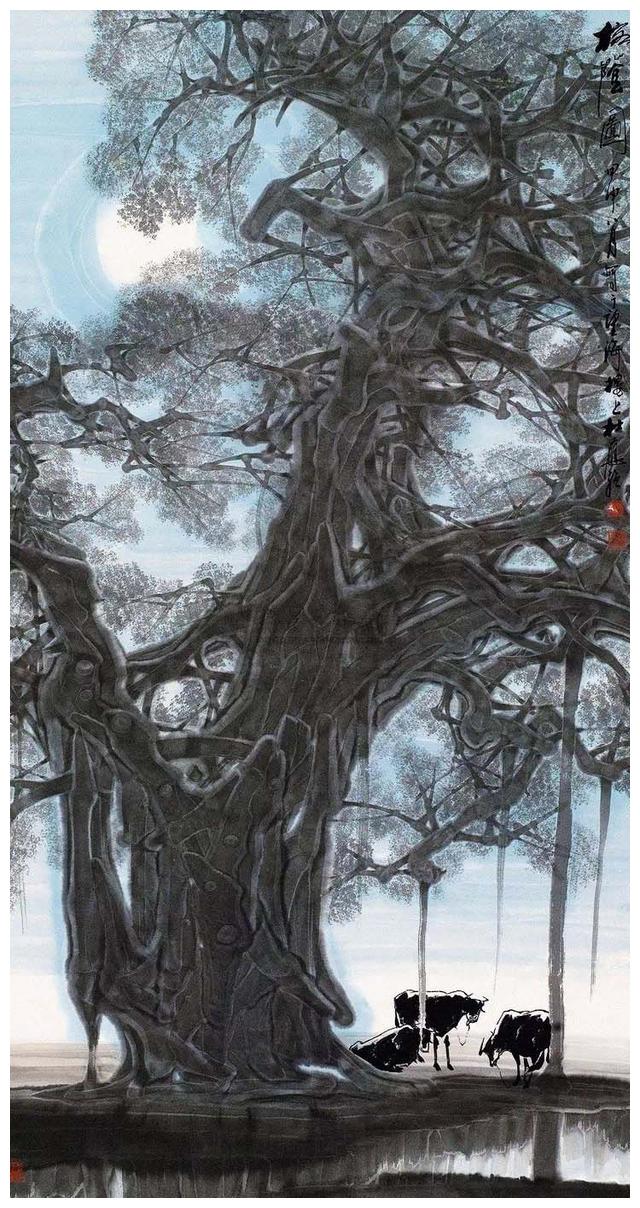 岭南风情广东画家杜应强描写乡村风情的榕树水墨画