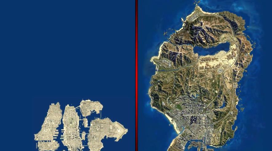 首先我们来看看gta4地图与gta5的对比效果,从上图中我们就可以轻易的