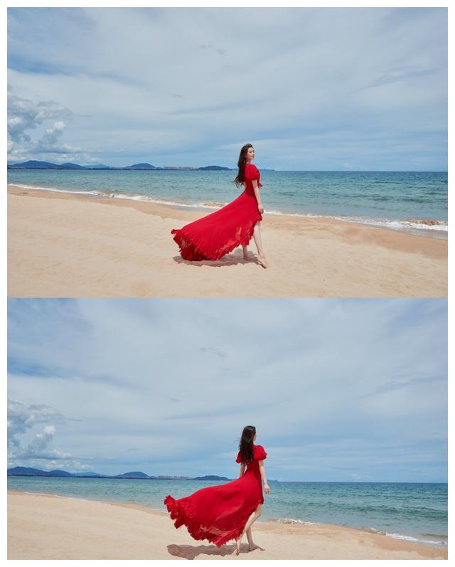 刘诗诗唯美红裙海边写真