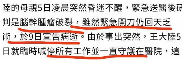 王大陆妈妈病逝，睡梦中脑干肿瘤破裂，王大陆停工一直陪伴在侧