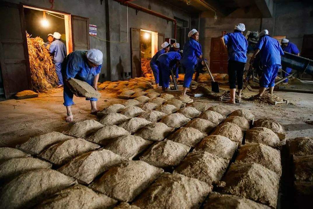 在酿制过程中,一瓶普通茅台酒从投料到出厂经过30道工序165个工艺环节