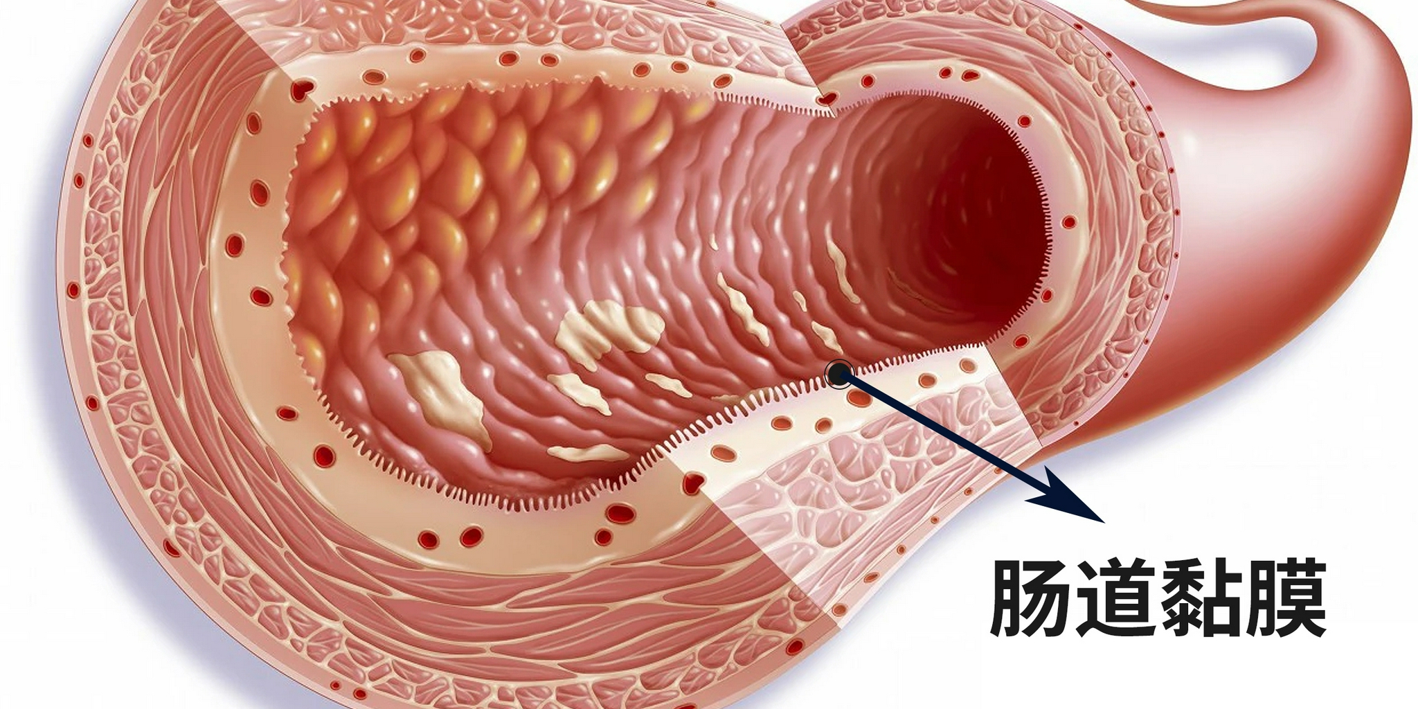 形成管状的肠腺,是肠腔内最表面的一层结构,主要起吸收,消化和参与