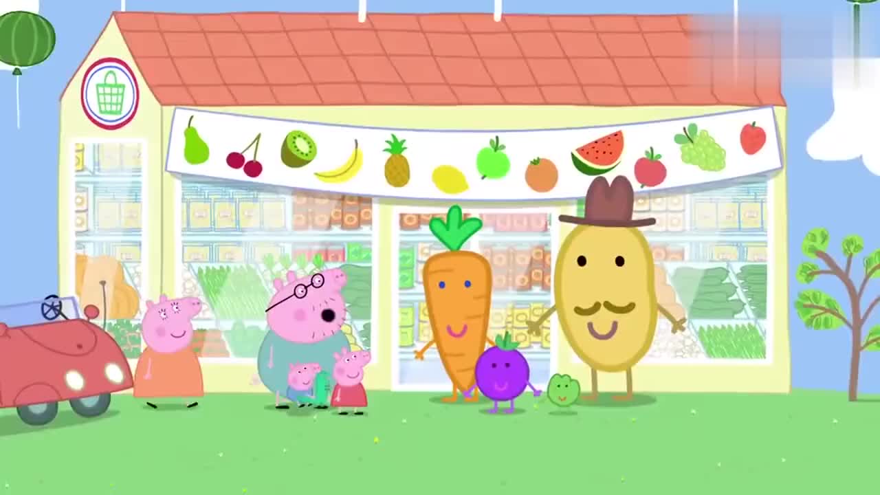 小猪佩奇:佩奇来到水果超市,这里有很多孩子,大家都吃