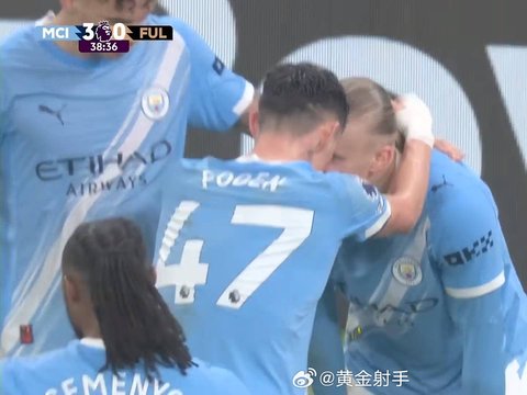 英超第26轮哈兰德劲射破门，曼城3-0领先富勒姆