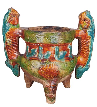 三彩琉璃鱼耳陶炉