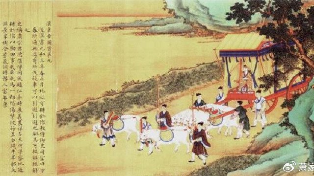 姜子牙坐在车里，文王拉着纤绳拖着车，总共走了八百零八步