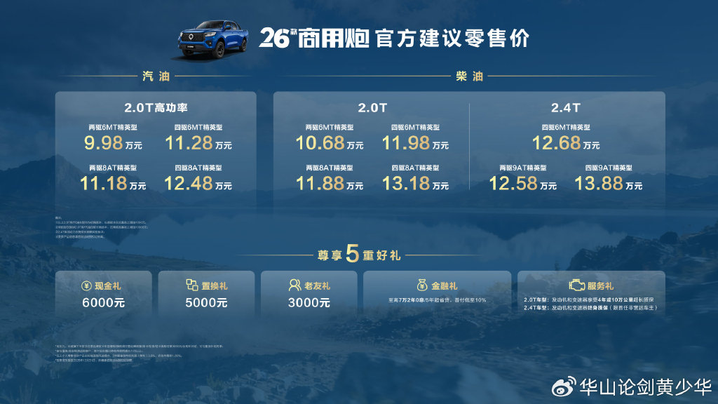 2026款长城炮焕新上市，售价9.98万元起，引领皮卡品类价值再跃升