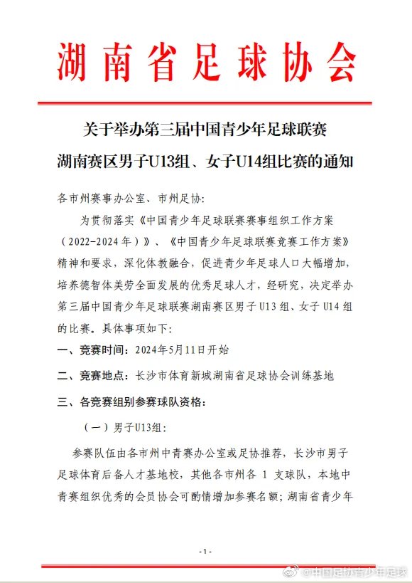 关于举办第三届中国青少年足球联赛湖南赛区男子U13组、女子U14组比赛的通知