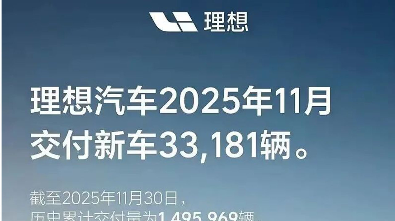 理想汽车11月销量33181辆，连续6个月同比下滑！