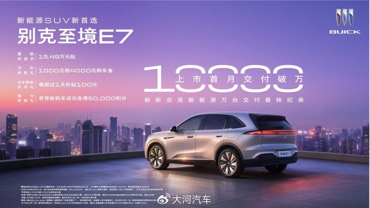别克至境E7上市首月交付破万，刷新合资新能源最快破万纪录