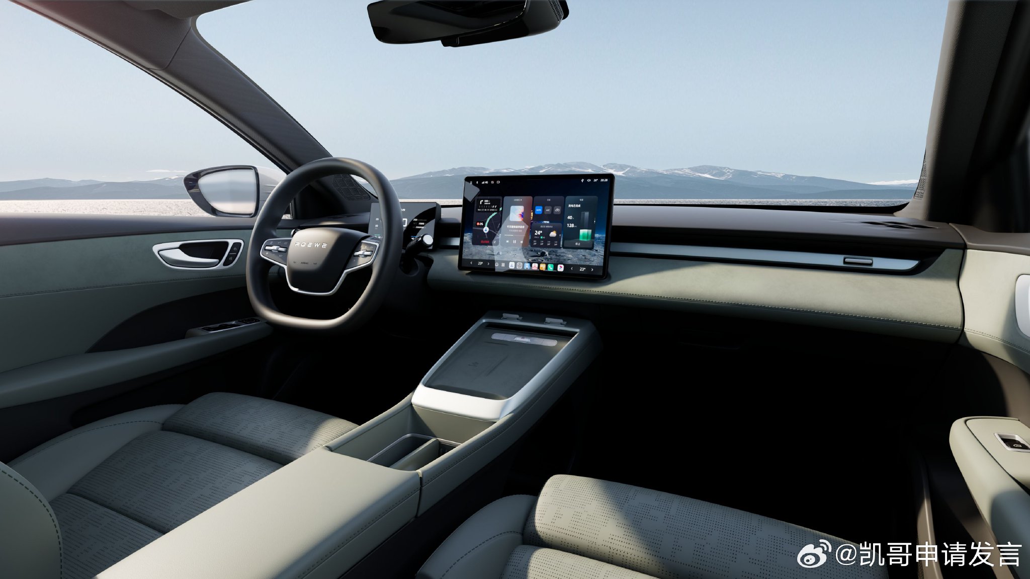 荣威D6 内饰，贯穿的银质隐藏出风口，悬浮于中控面板，用了一个银质拨杆…