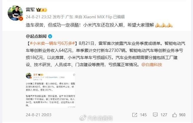 小米汽车“史上最出色季报”?单车亏损超6万!-小米汽车最新进展