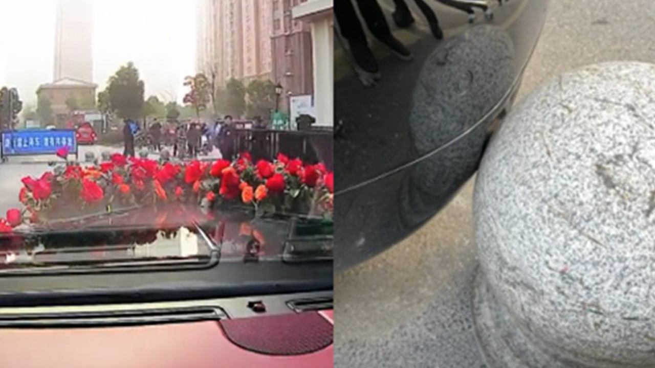 劳斯莱斯幻影接亲撞石墩，保险杆破裂损失约20万，司机：指挥有误