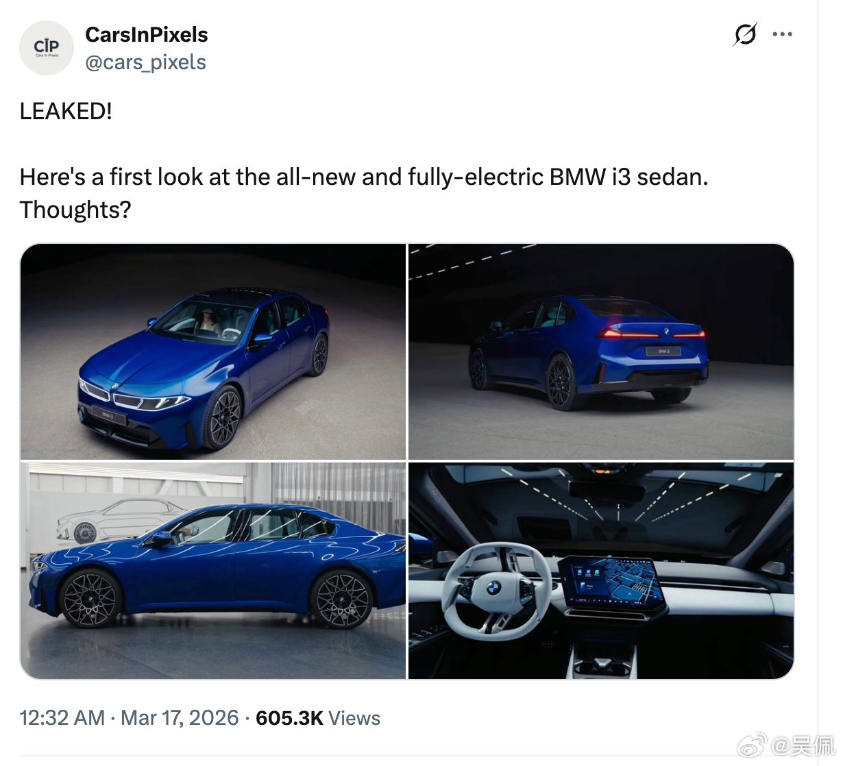 全新宝马i3提前曝光，双肾格栅采用Vision Neue Klasse概念车设计