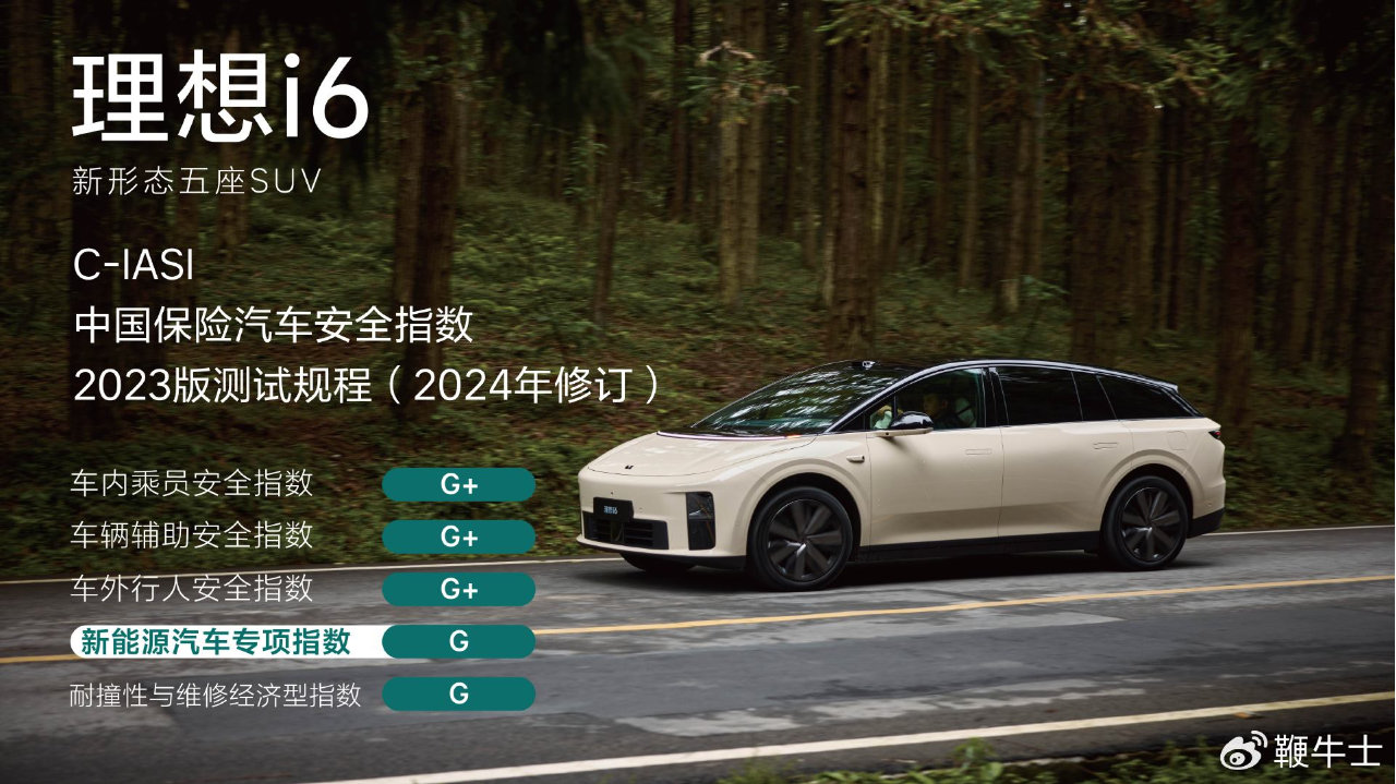中国保险汽车安全指数C-IASI公布，理想i6荣获「5G」全优评级