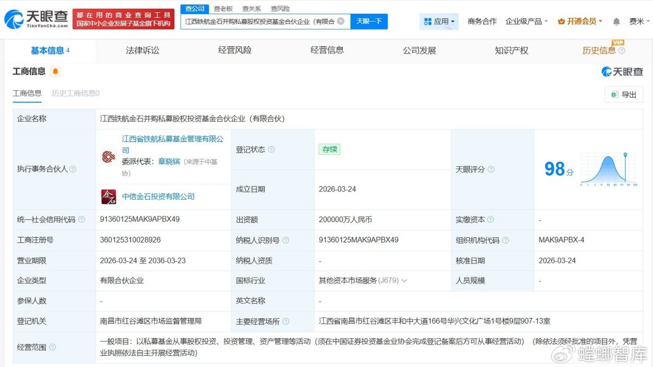 中信金石等在江西成立私募股权投资基金# 出资额20亿