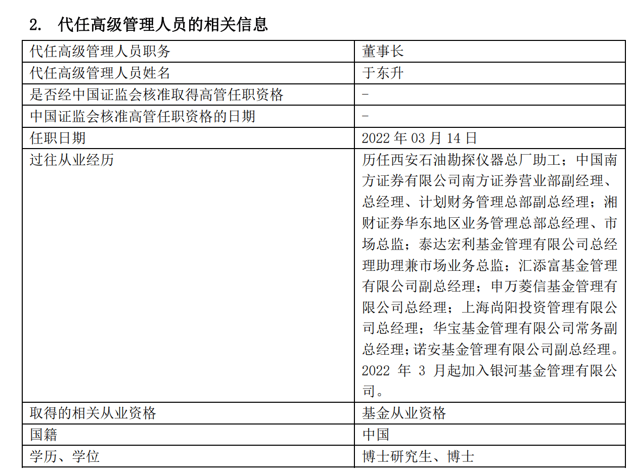 银河基金董事长刘立达离任,由于东升代任