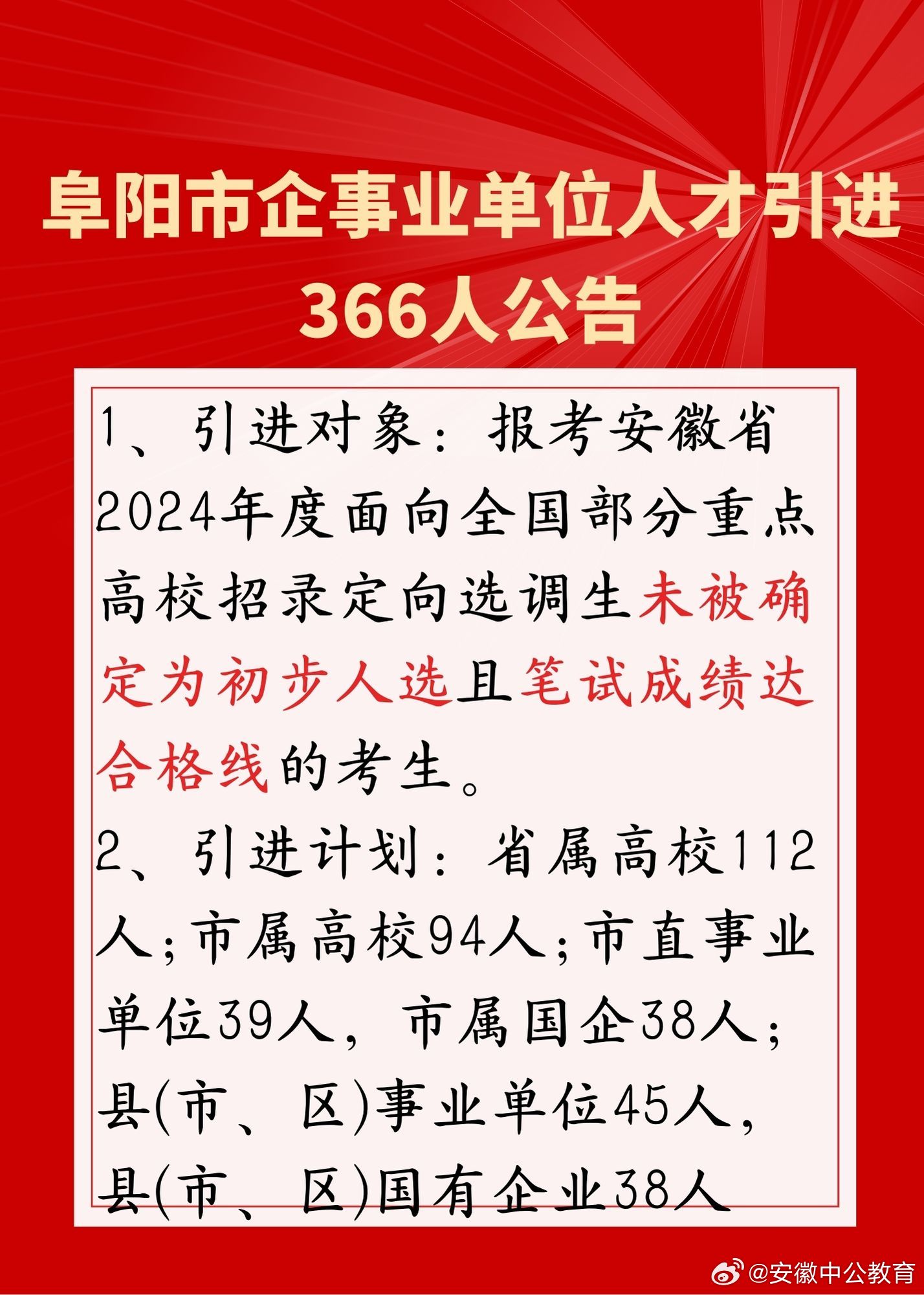 2024年阜阳市企事业单位人才引进366人公告_安徽中公教育网