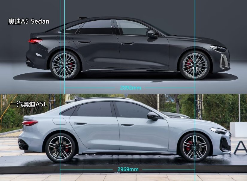 上汽奥迪A5L轴距2969mm，超越同级宝马3系，奔驰C级，E级标轴，加长成卖点