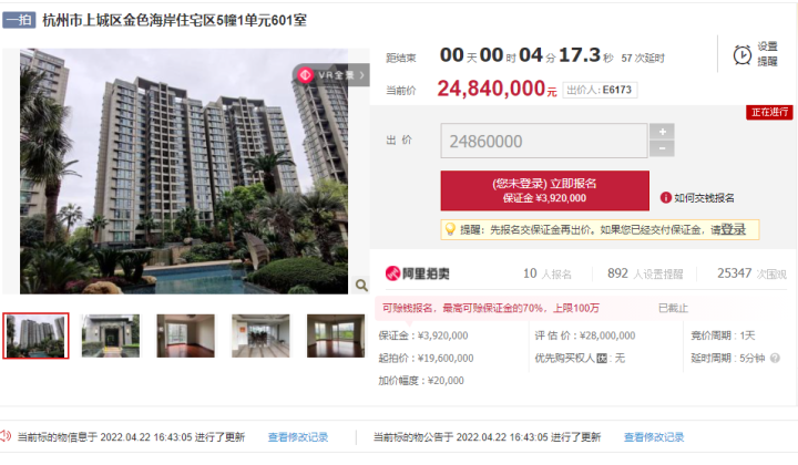 杭州一套江景豪宅拍卖，2890万成交，比起拍价足足高出930万休闲区蓝鸢梦想 - Www.slyday.coM