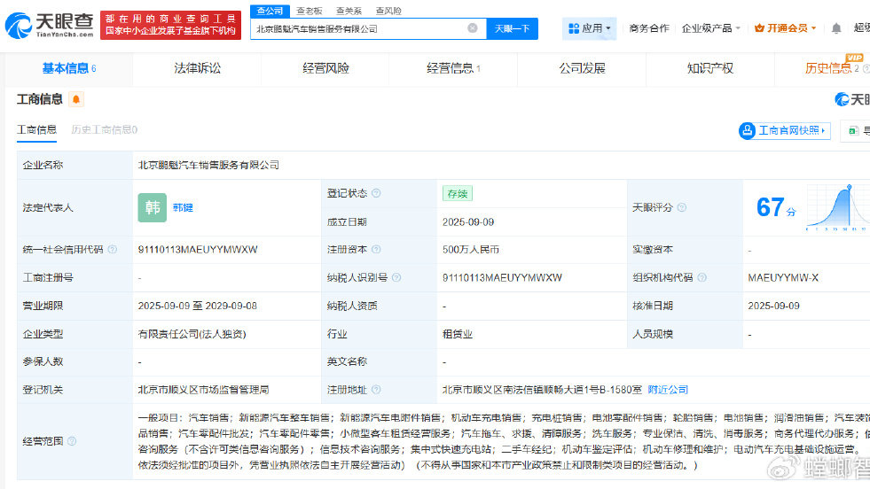 小鹏在北京成立鹏魁汽车销售服务公司# 注册资本500万