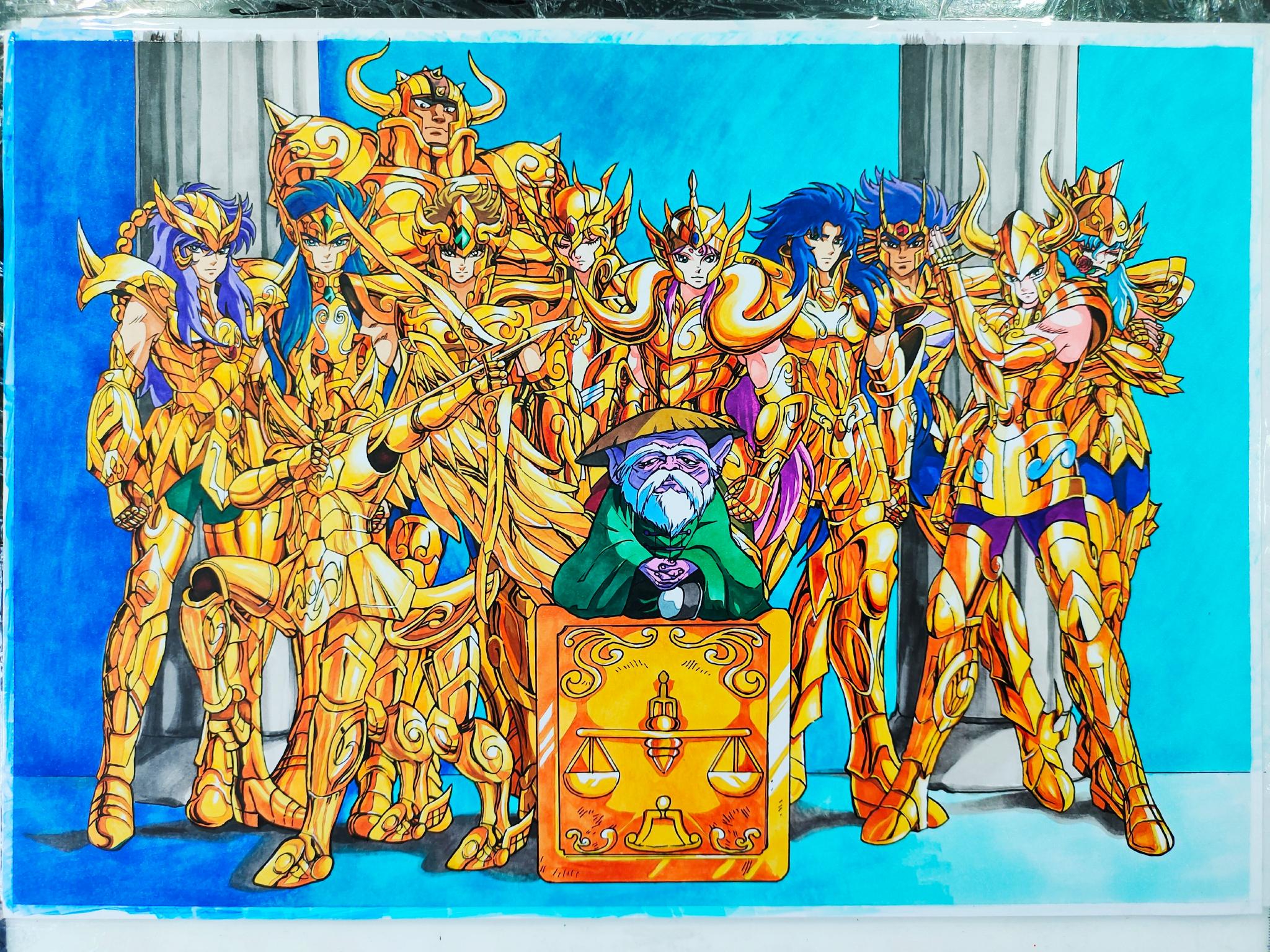 马克笔手绘圣斗士星矢黄道十二宫十二位黄金圣斗士