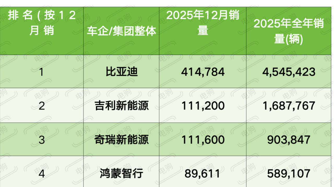 2025年新能源车企12月及全年销量排名！比亚迪登顶，零跑逆袭