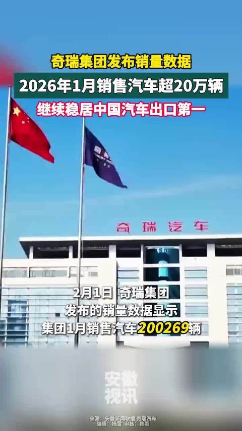 奇瑞集团发布销量数据：2026年1月销售汽车超20万辆，继续稳居中国汽车出口第一
