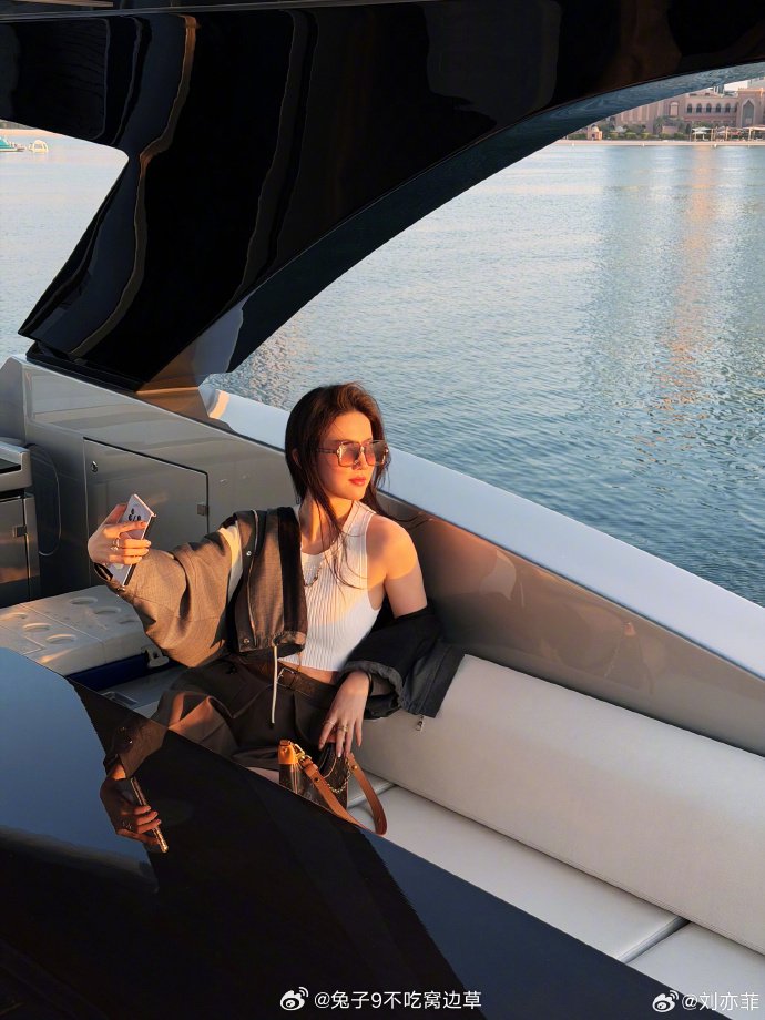 刘亦菲阿布扎比海岸日落随拍！侧颜融金晖小露香肩，慵懒高级氛围感拉满