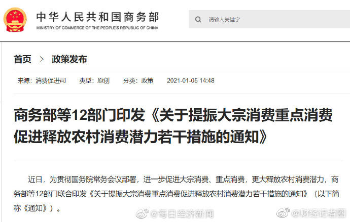 商务部等12部门印发《关于提振大宗消费重点消费促进释放农村消费潜力若干措施的通知》
