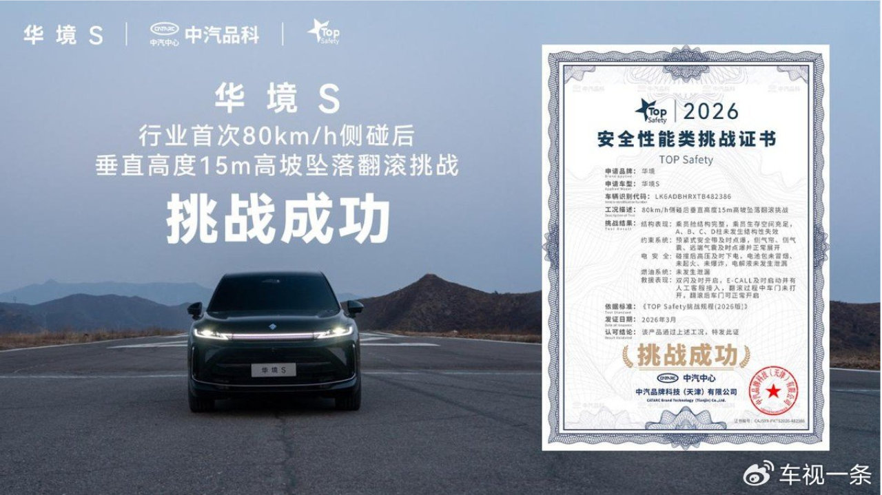 行业首次！华境S通关80km/h侧碰后垂直高度15米高坡坠落翻滚挑战