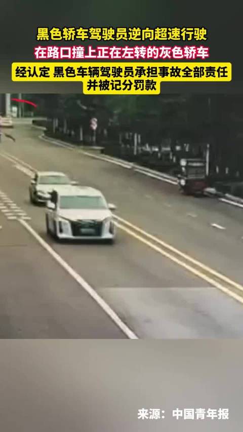 黑色轿车驾驶员逆向超速行驶，在路口撞上正在左转的灰色轿车