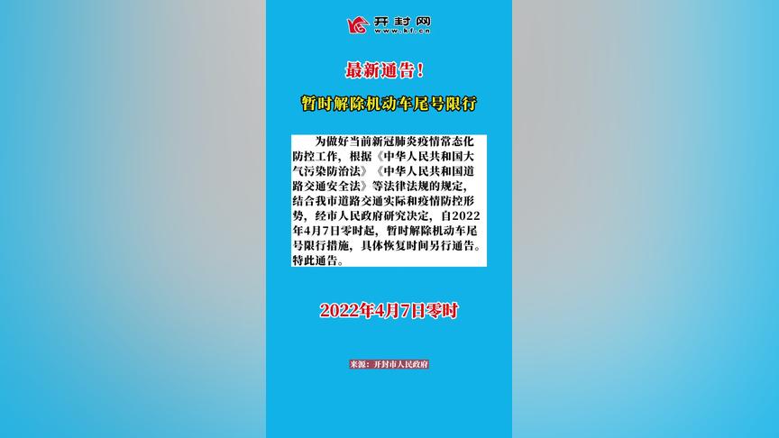 最新通告！暂时解除机动车尾号限行！限行机动车开封 编辑：万蕊