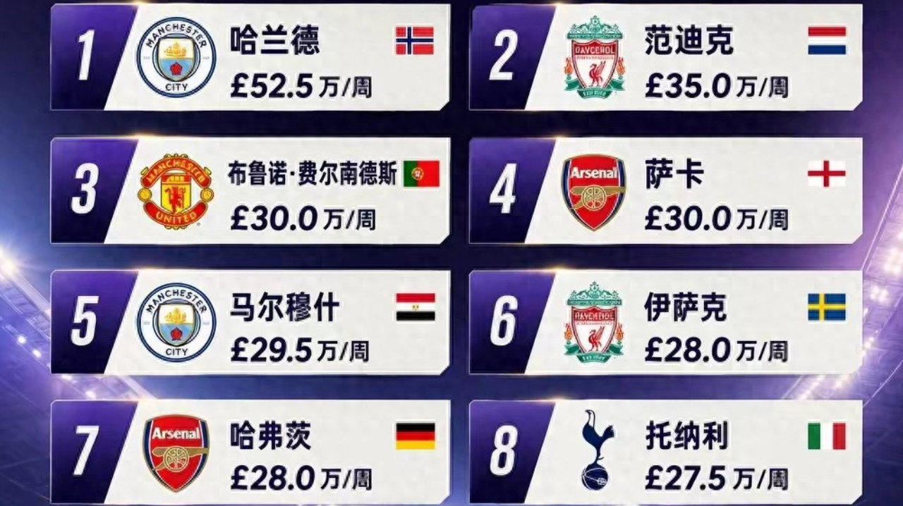 英超薪资榜top15：哈兰德断层领跑，阿森纳曼城瓜分高薪席位