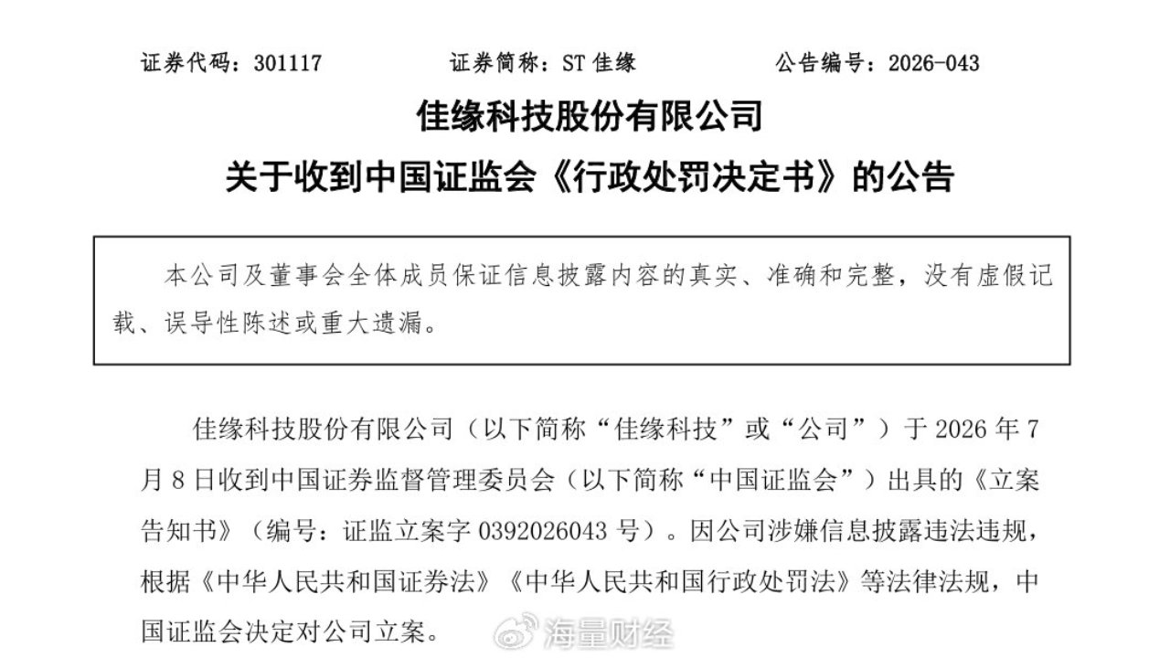 连续4年财务造假 佳缘科技及相关责任人收1450万元罚单 连续4年财务造假 佳缘科技及相关责任人收1450万元罚单