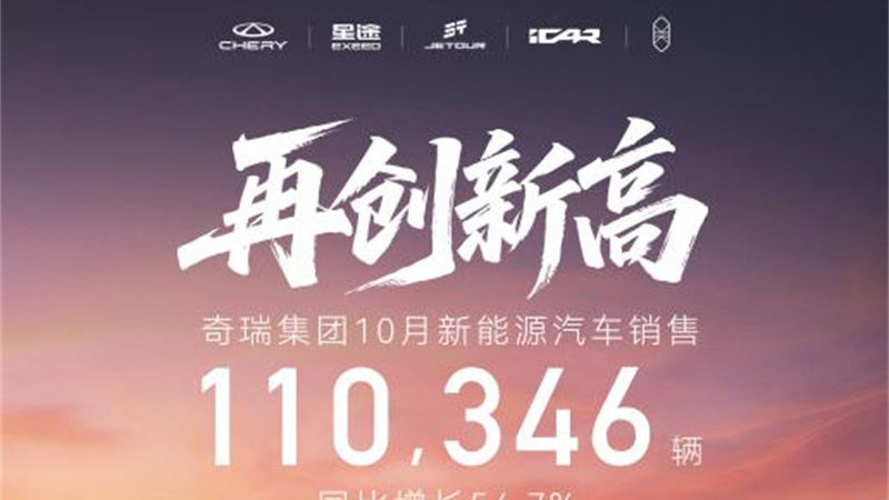 单月新能源突破11万！奇瑞集团10月销量新能源车110346辆