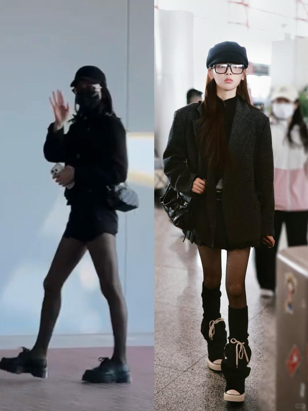 杨超越迪丽热巴机场同穿黑丝，风格各异