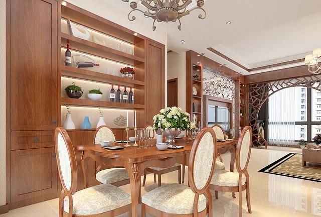 115平米新中式风格,客餐厅装饰造型古香古色,儿童房充满了童趣