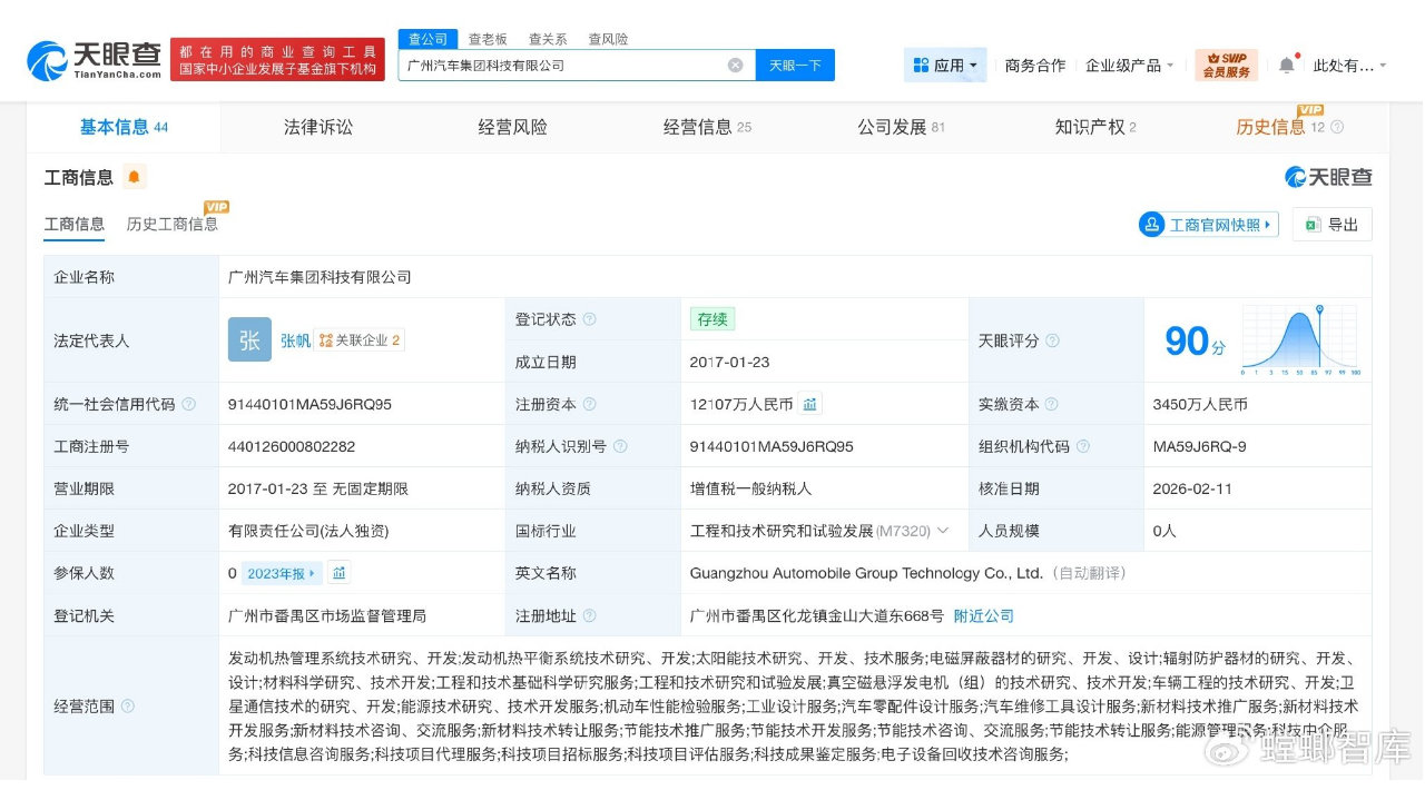 广汽集团科技公司增资至1.2亿# 增幅约25%