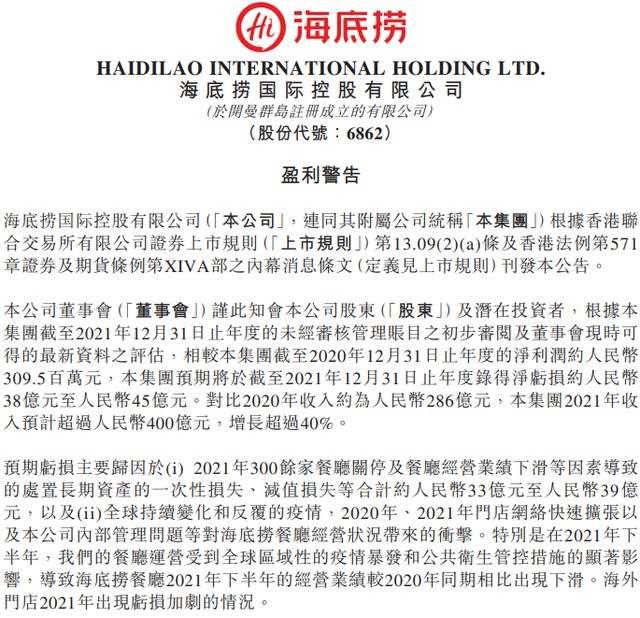 关停300余家餐厅,海底捞2021年预计净亏损38休闲区蓝鸢梦想 - Www.slyday.coM 关停300余家餐厅,海底捞2021年预计净亏损38休闲区蓝鸢梦想 - Www.slyday.coM