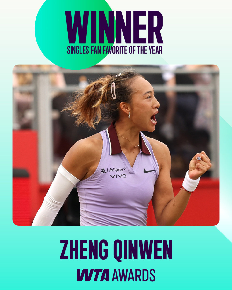 连续4年获奖！WTA官宣最受欢迎球员奖，郑钦文蝉联人气女王