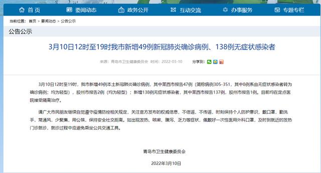 3月10日12时至19时,青岛市新增49例确诊病例、138例无症状感染者休闲区蓝鸢梦想 - Www.slyday.coM 3月10日12时至19时,青岛市新增49例确诊病例、138例无症状感染者休闲区蓝鸢梦想 - Www.slyday.coM