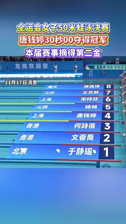 唐钱婷全运会50米蛙泳30秒00夺冠，收获第二金