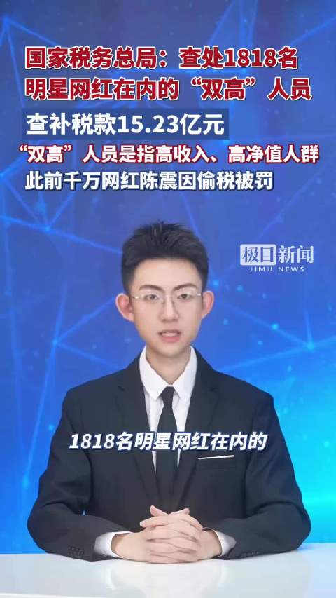 1818名明星网红在内的“双高”人员被查处，查补税款15.23亿元，此前千万网红陈震因偷税被罚
