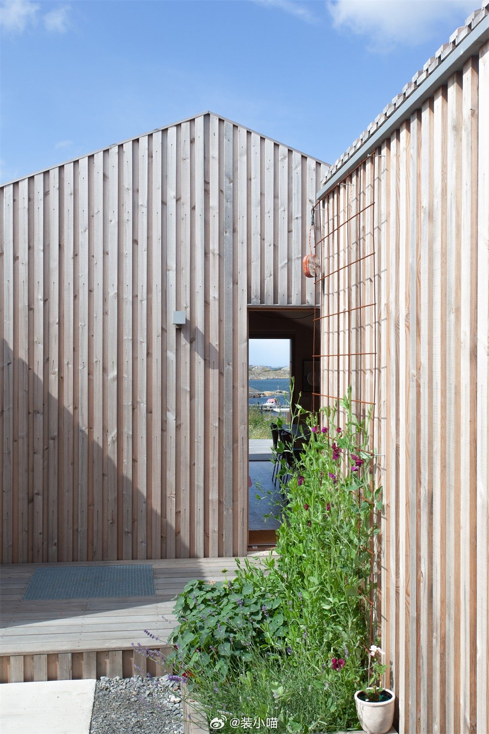 瑞典哥德堡群岛退休度假屋，倾斜屋顶融岩景，松林悬崖畔俯瞰大海