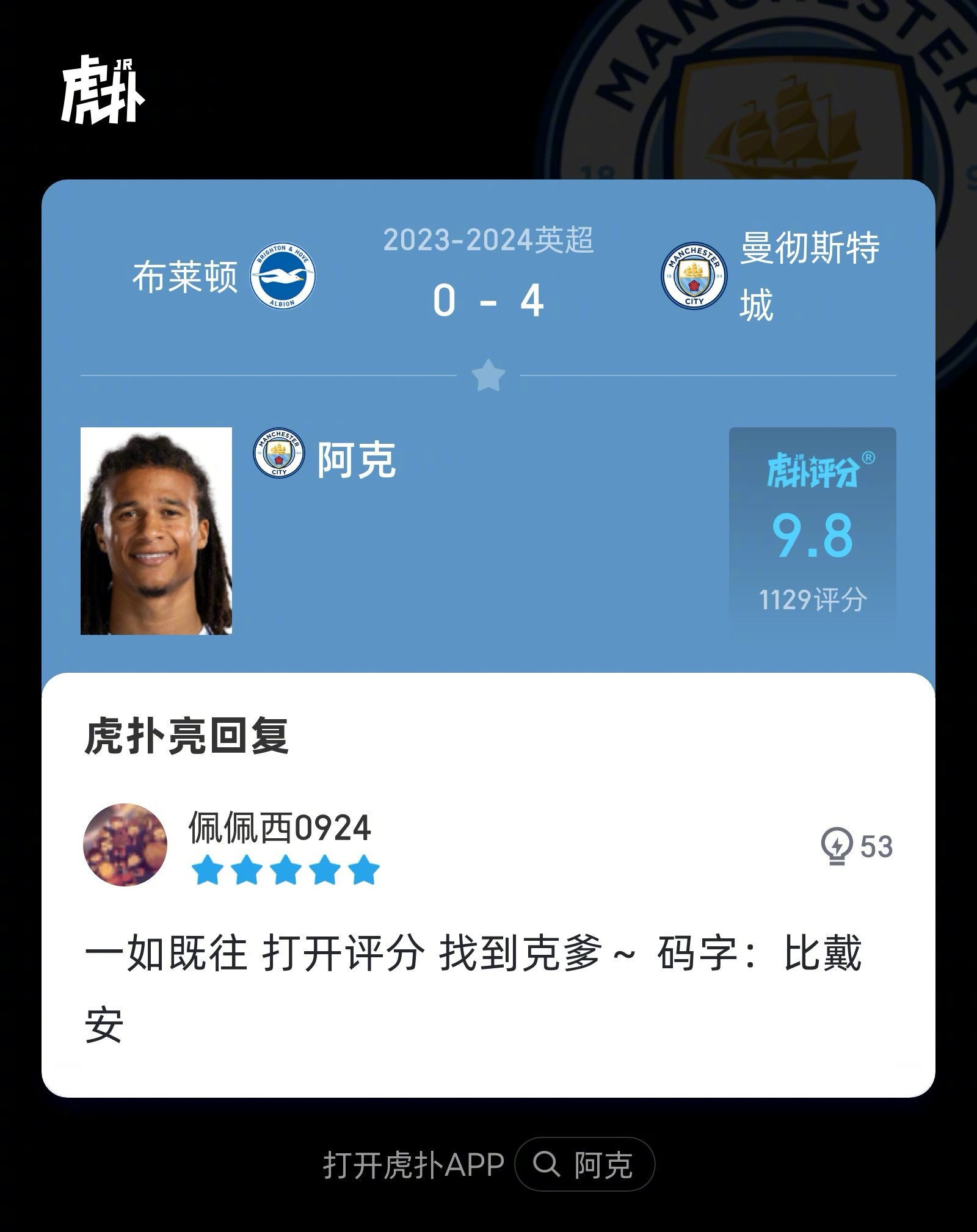 曼城4-0布莱顿，来看看虎扑球迷对阿克本场比赛的犀利评分！