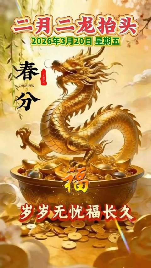 春分遇龙头，开启一年好兆头，祝您往后日子，平安康健开好头，财源福气家中留，吉祥好运绕肩头，岁岁无忧福长久！