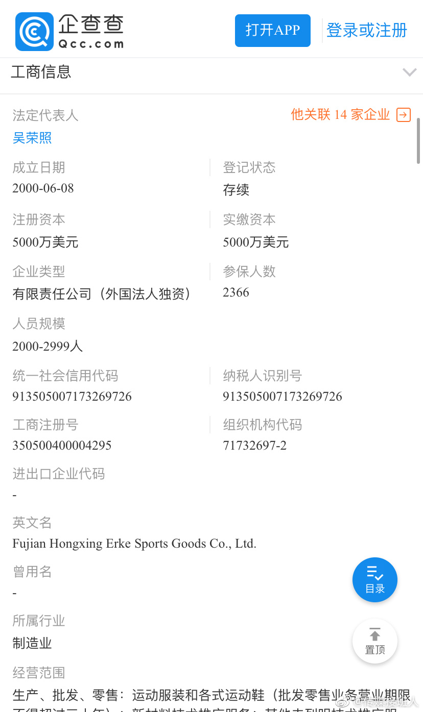 企查查显示福建鸿星尔克体育用品有限公司是外国法人独资